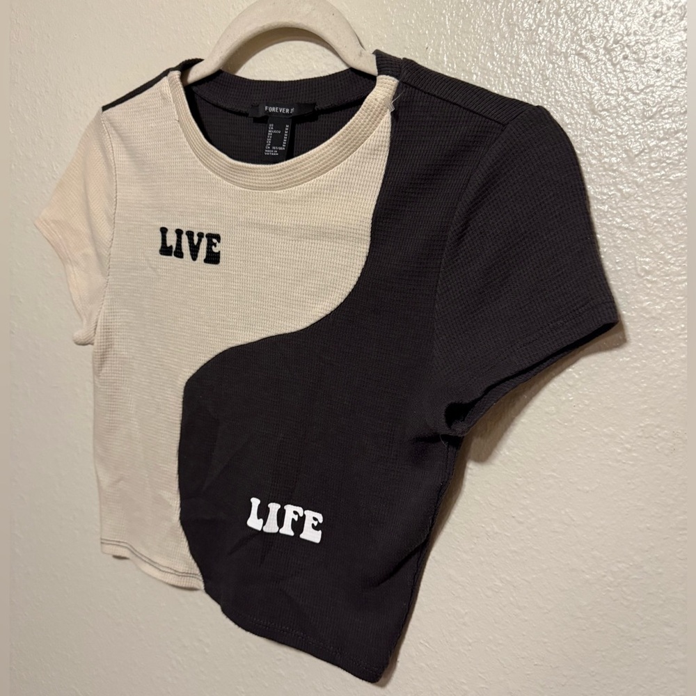 Forever 21 Live Life Yin Yang Crop Top Black White Waffle Knit Medium - Picture 3 of 4